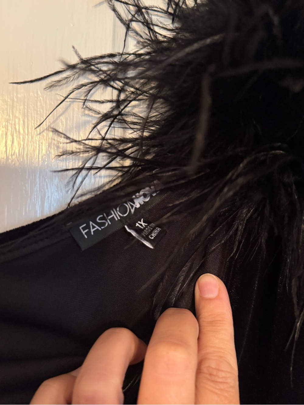 Fashion Nova Black One-Shoulder Velvet Gown with Feather Accent - Picture 8 of 9